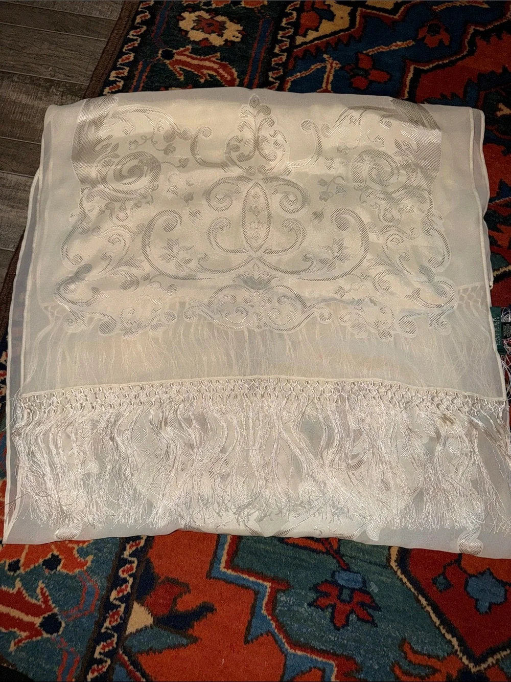 Vtg Ralph Lauren Ivory Silk Blend Embroidered Monogram Fringe Shawl Scarf Wrap